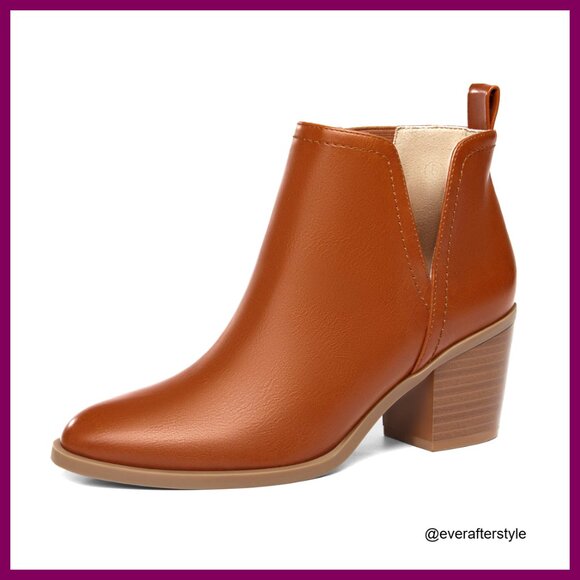Shoes - Chunky Heel Ankle Boots Western Style Slip On Cut Out Design Almond Toe